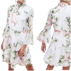 Ted Baker Ruffle Bow Neck Dress in Harmony Floral White Size 6